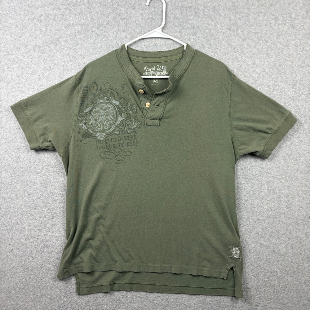 Point Zero Shirt Mens Medium Green Short Sleeve Graphic Henley Jersey Y2K Skater